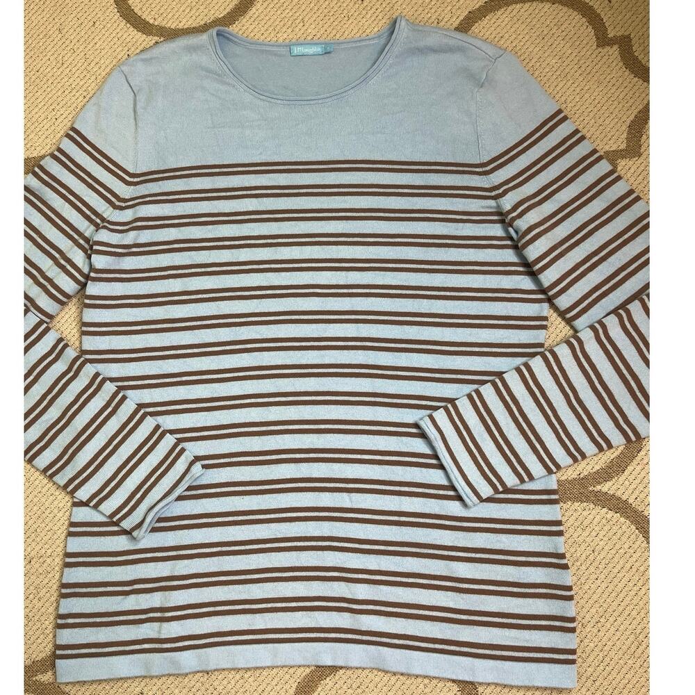 J. McLaughlin Blue brown Striped Long Sleeve Knit Top Scoop Neck Size Medium
